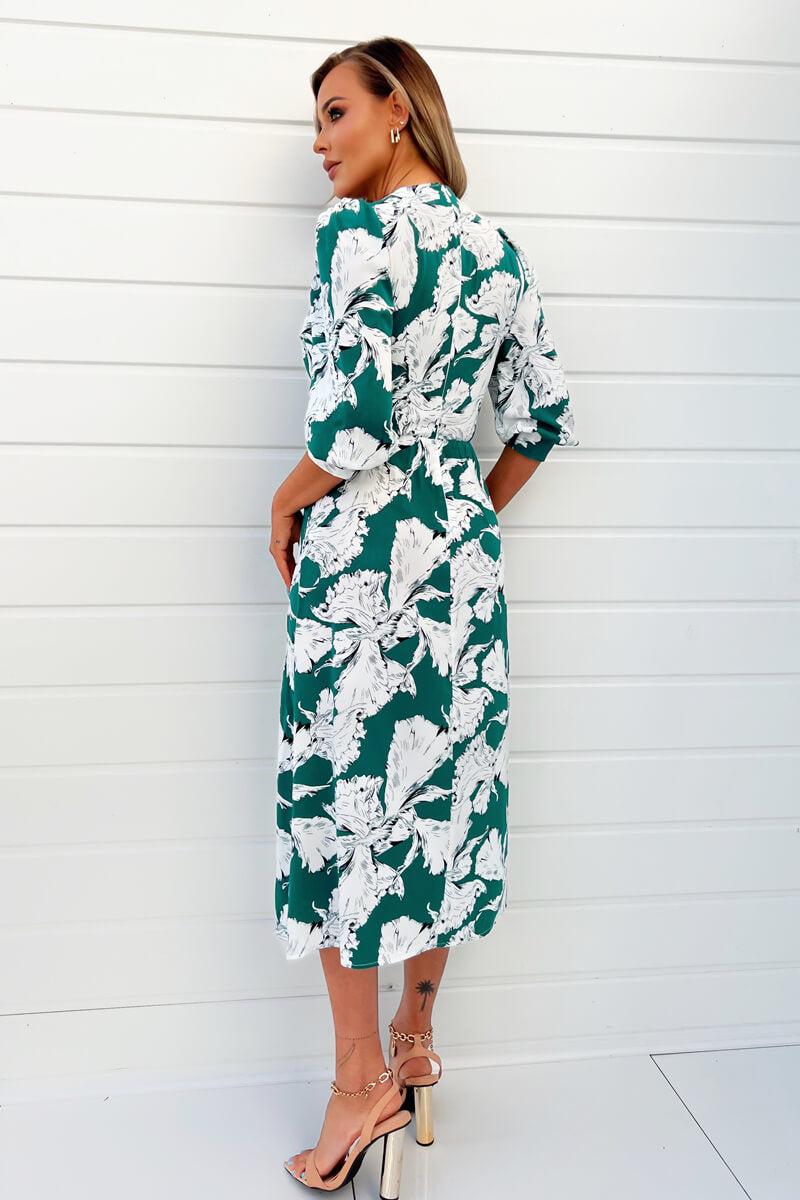Ax Paris Green And White Floral Print Wrap Top Midi Dress