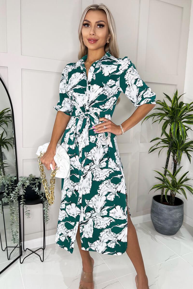 Ax Paris Green And White Floral Printed 3/4 Sleeve Midi Shirt Dress