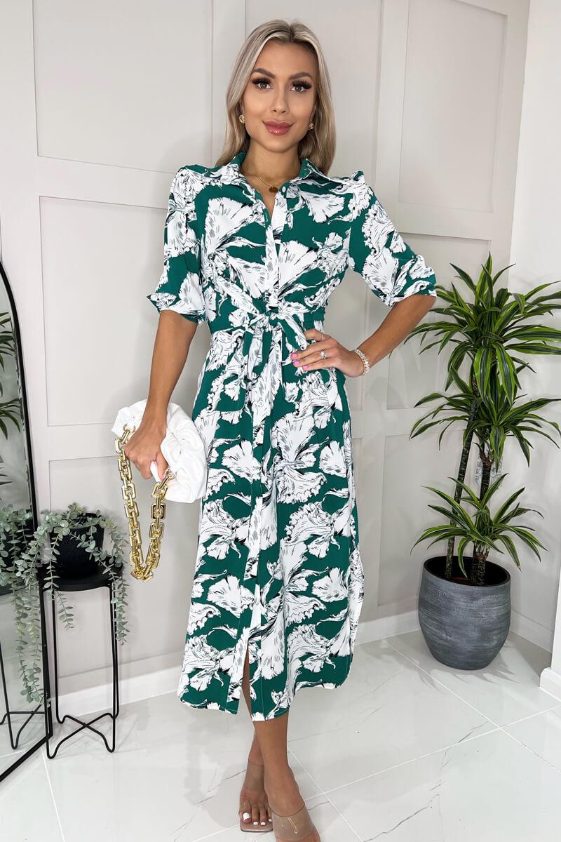 Ax Paris Green And White Floral Printed 3/4 Sleeve Midi Shirt Dress