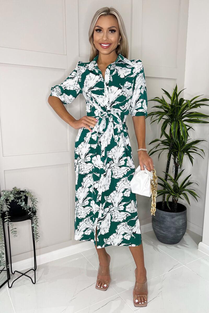 ax paris Green And White Floral Printed 3/4 Sleeve Midi Shirt Dress