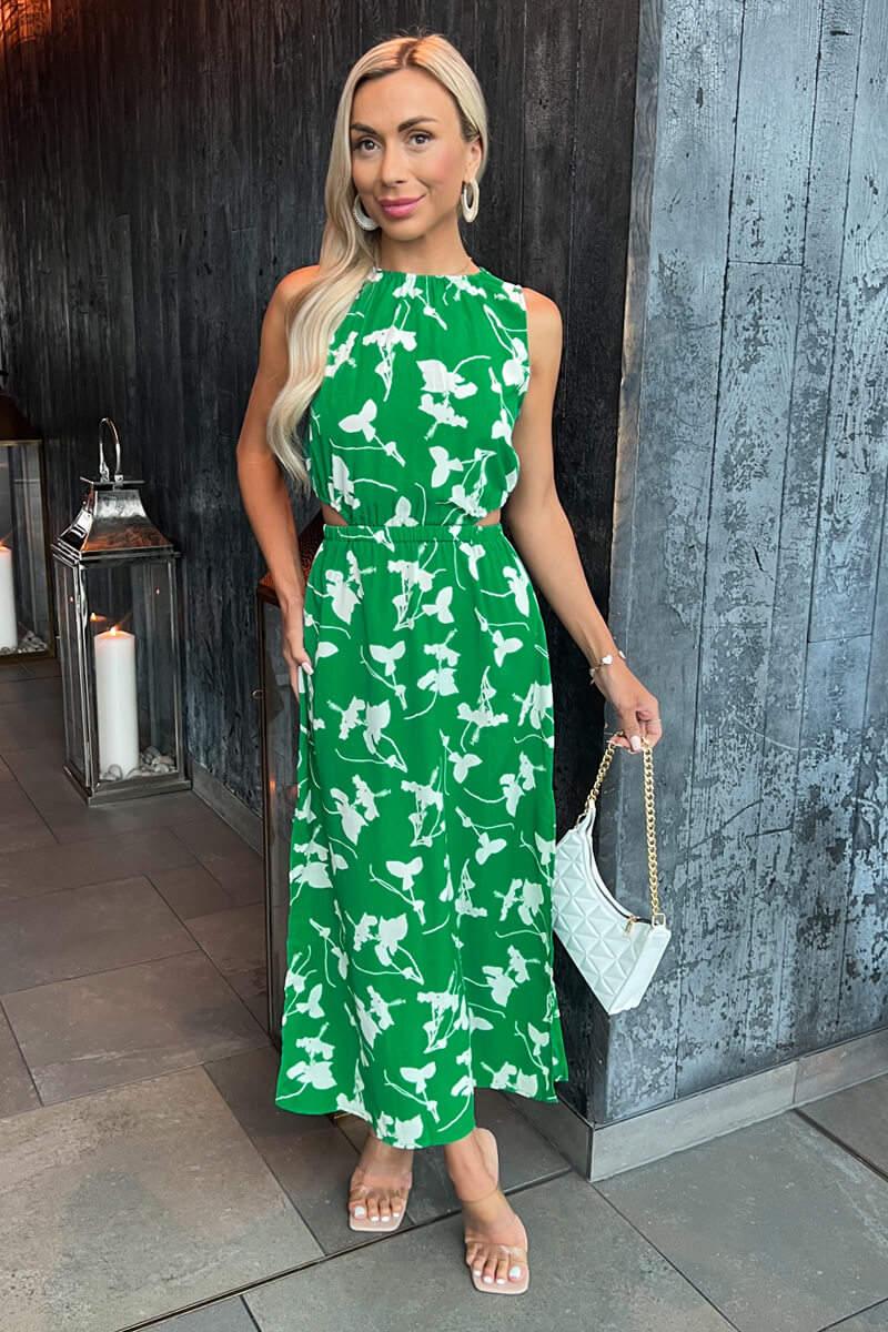 Ax Paris Green And White Floral Printed Cut Out Midi Dress