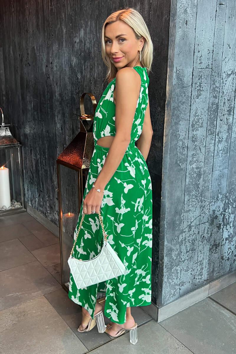 Ax Paris Green And White Floral Printed Cut Out Midi Dress