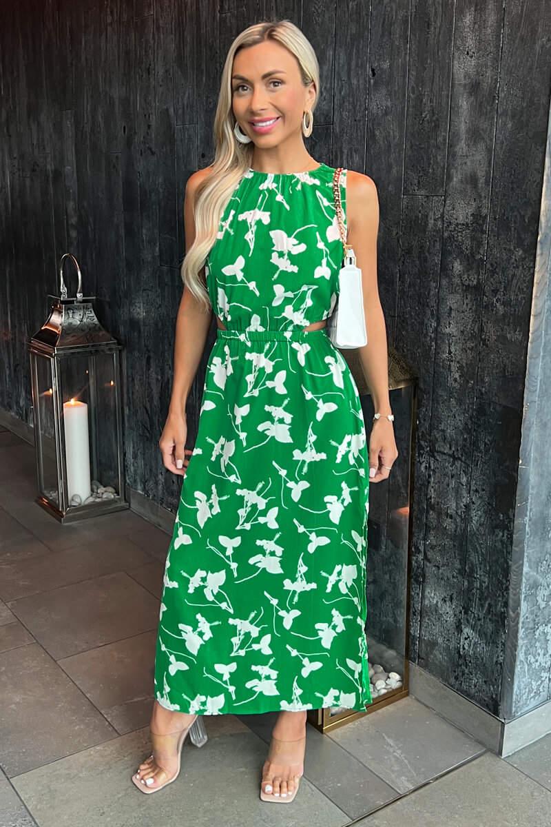 ax paris Green And White Floral Printed Cut Out Midi Dress