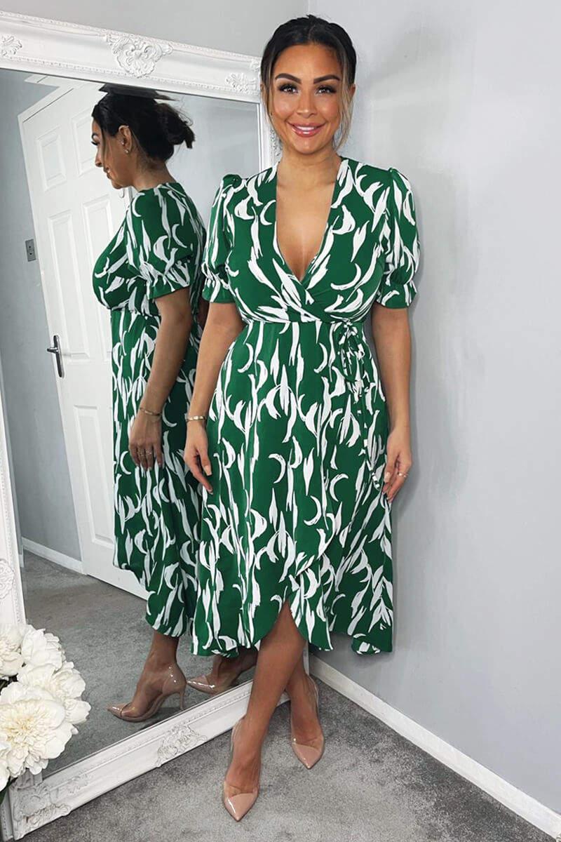 Ax Paris Green And White Printed Wrap Side Tie Midi Dress
