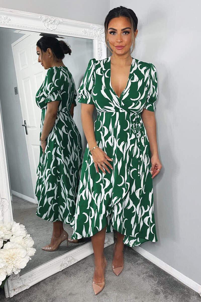 Ax Paris Green And White Printed Wrap Side Tie Midi Dress