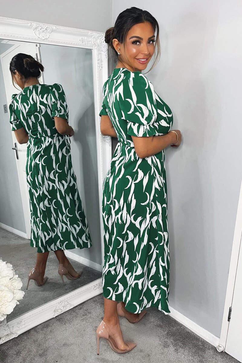 Ax Paris Green And White Printed Wrap Side Tie Midi Dress