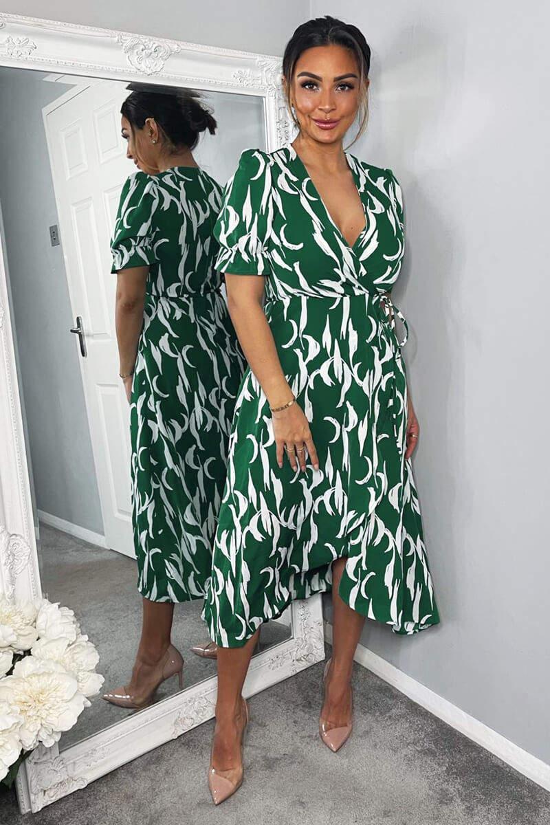 ax paris Green And White Printed Wrap Side Tie Midi Dress