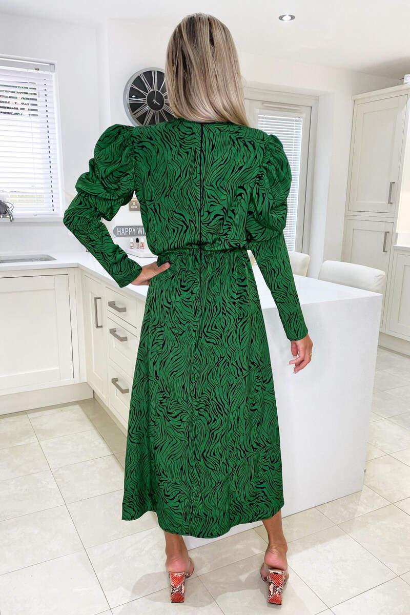 Ax Paris Green Animal Print Gathered Sleeve Split Midi Dress