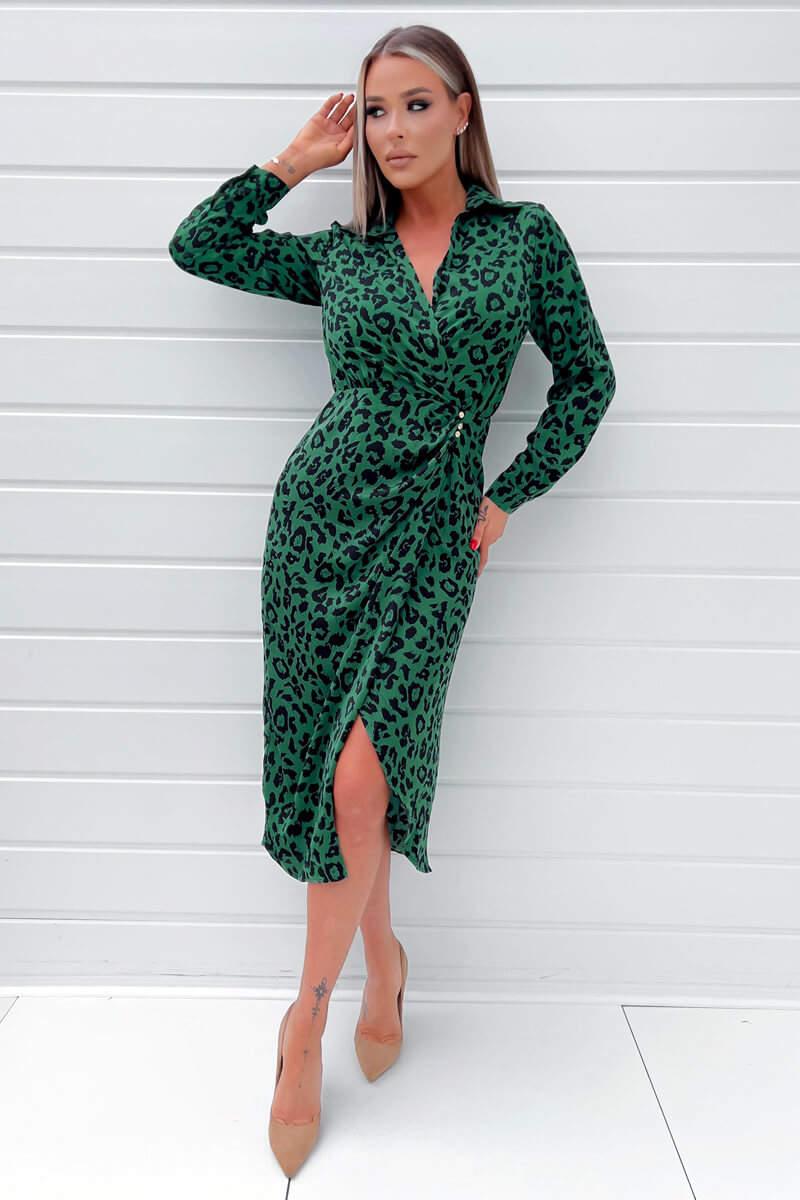 Ax Paris Green Animal Print Gold Button Gathered Midi Dress