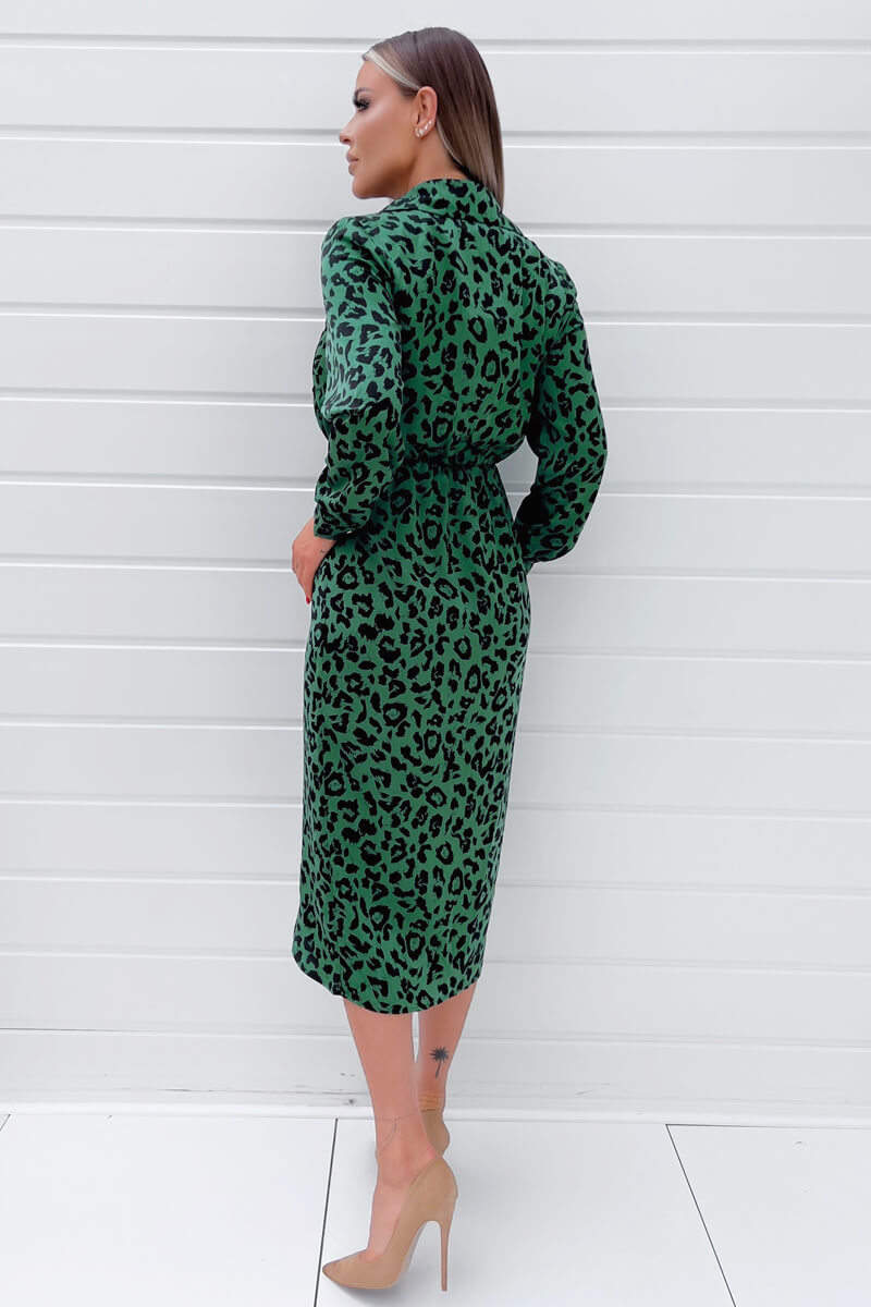 Ax Paris Green Animal Print Gold Button Gathered Midi Dress