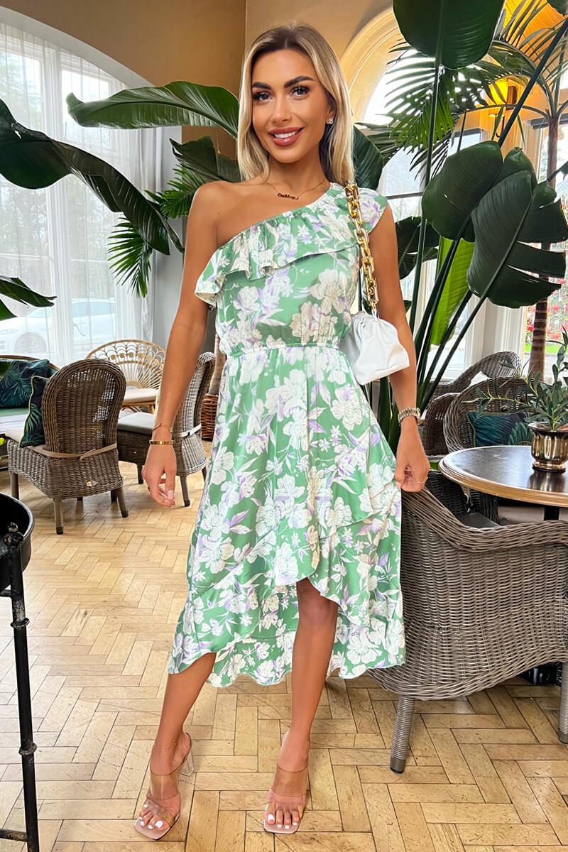 ax paris Green Floral Printed One Shoulder Frill Detail Dipped Hem Dress