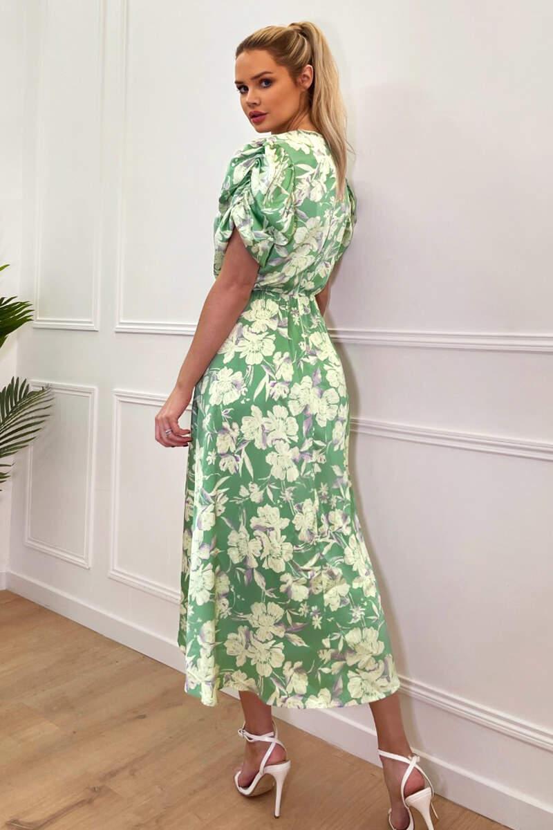 Ax Paris Green Floral Printed Short Puff Sleeve Gathered Side Midi Dress
