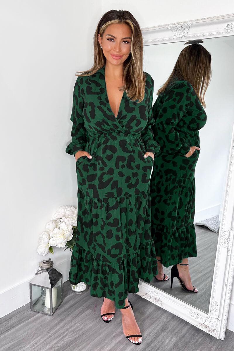 Ax Paris Green Leopard Print Long Sleeve Smock Midi Dress