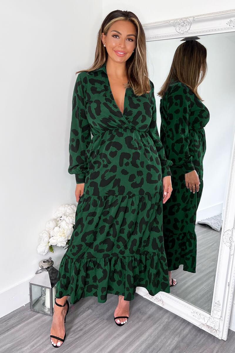 Ax Paris Green Leopard Print Long Sleeve Smock Midi Dress
