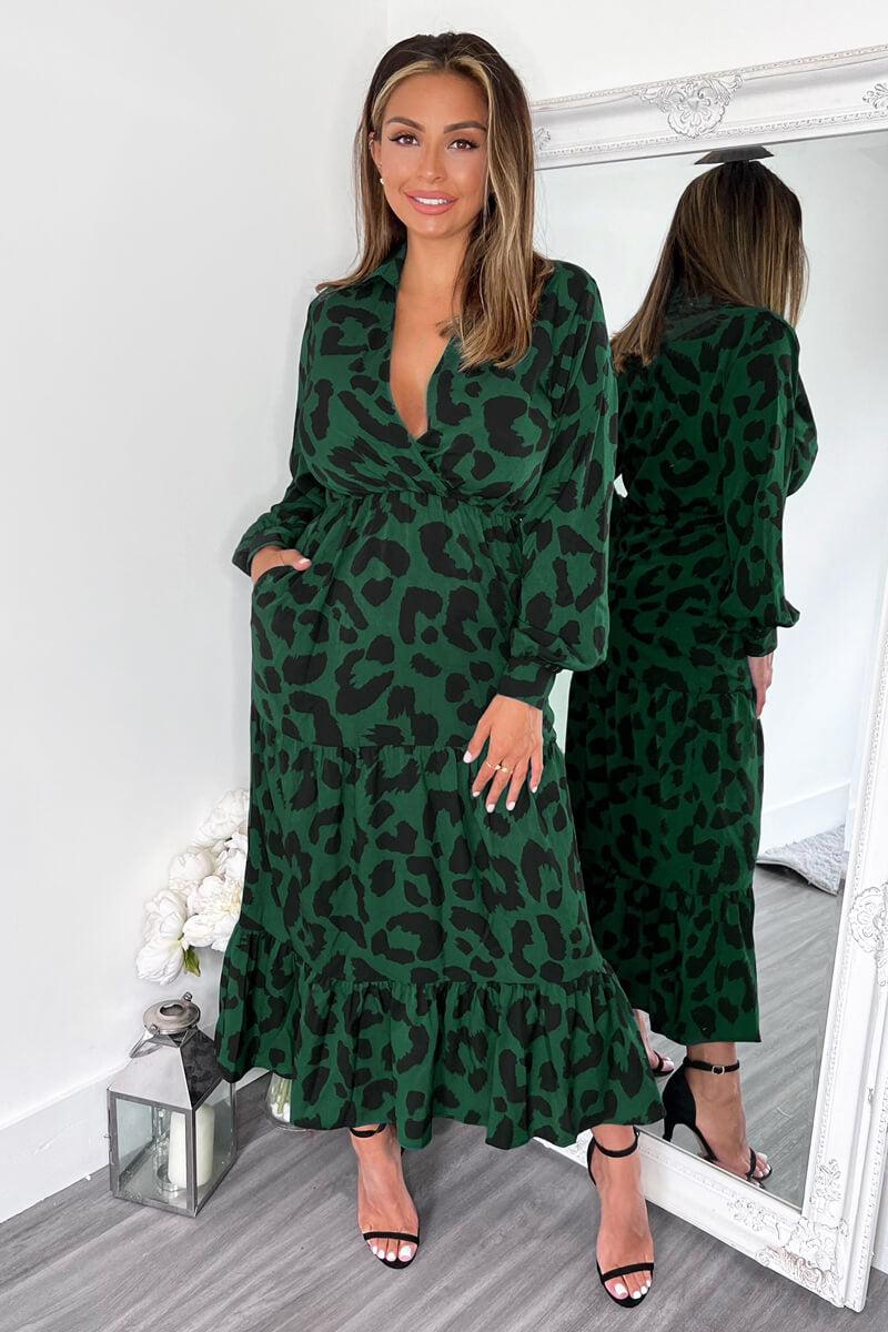Ax Paris Green Leopard Print Long Sleeve Smock Midi Dress