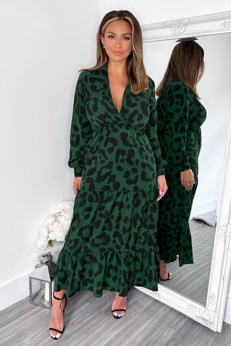 ax paris Green Leopard Print Long Sleeve Smock Midi Dress
