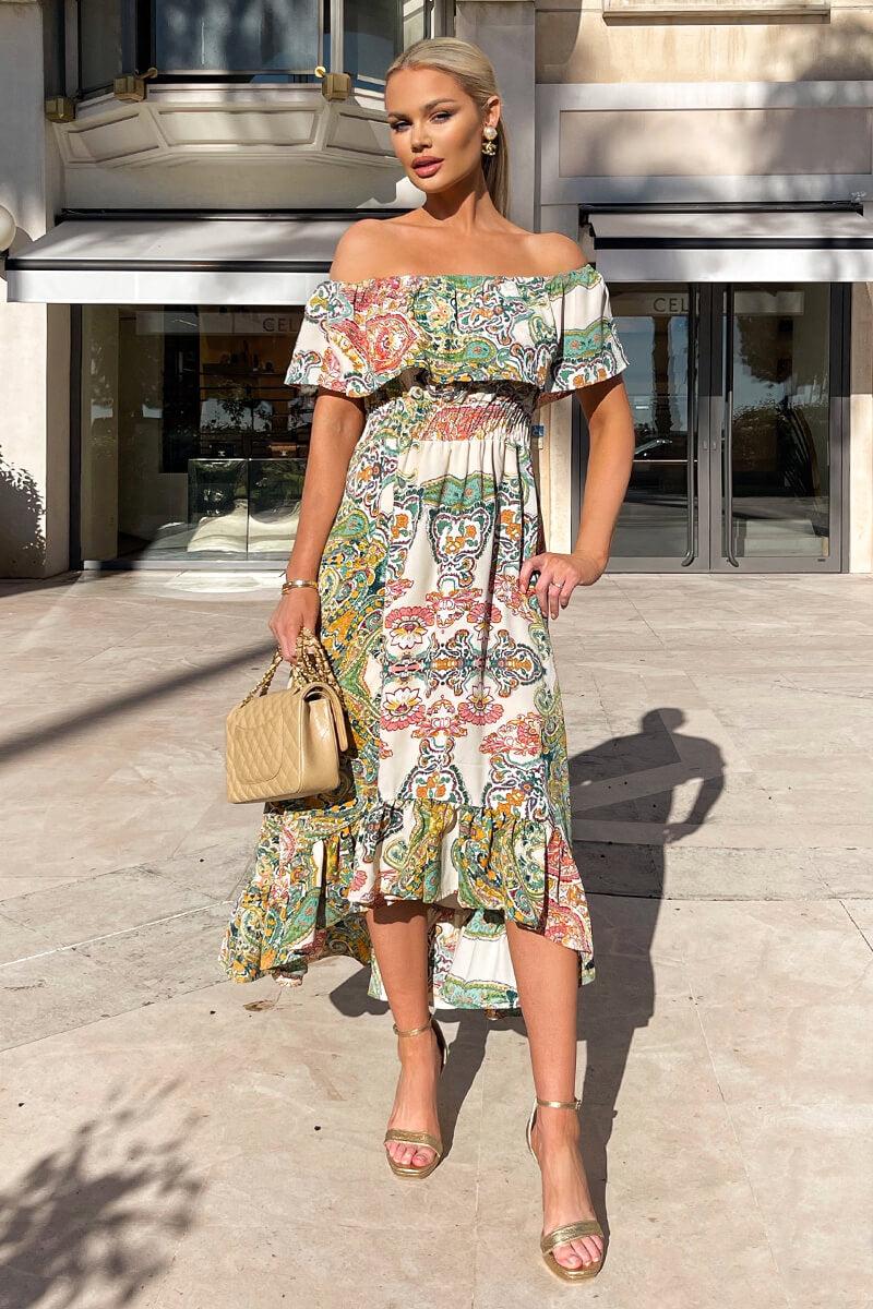 Ax Paris Green Paisley Multi Printed Bardot Style Midi Dress