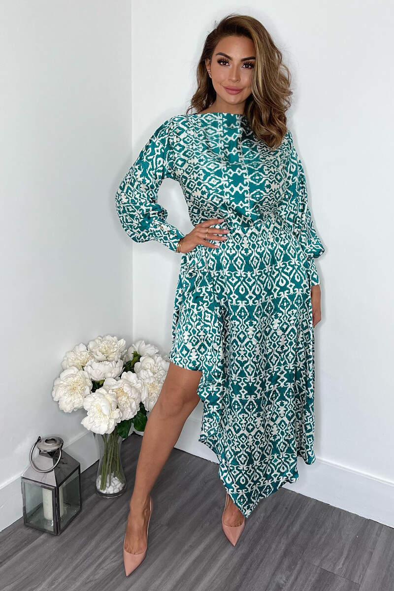 ax paris Green Printed Satin High Low Skirt Midi Dress