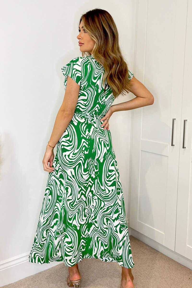 Ax Paris Green Printed Short Sleeve Belted Midi Shirt Dress