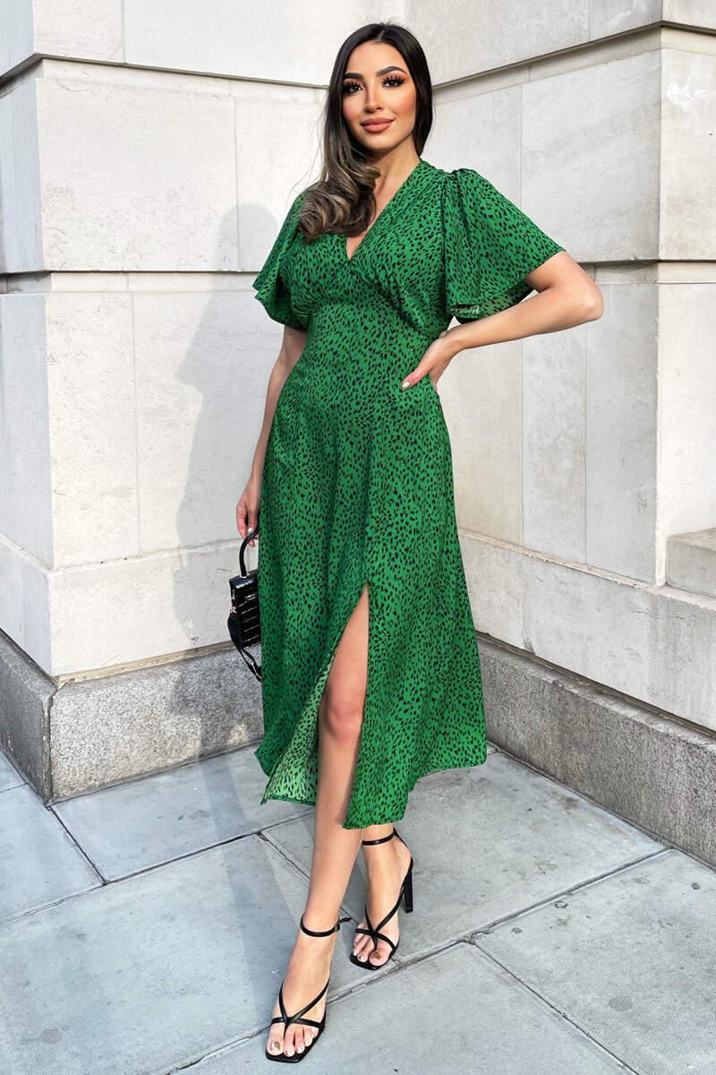 Ax Paris Green Printed V-Neck Short Sleeve Midi Dress