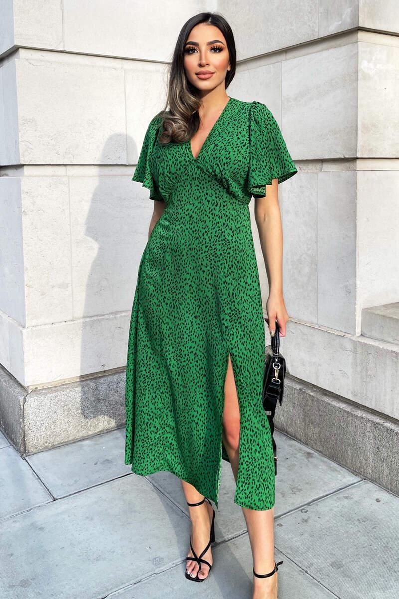 ax paris Green Printed V-Neck Short Sleeve Midi Dress