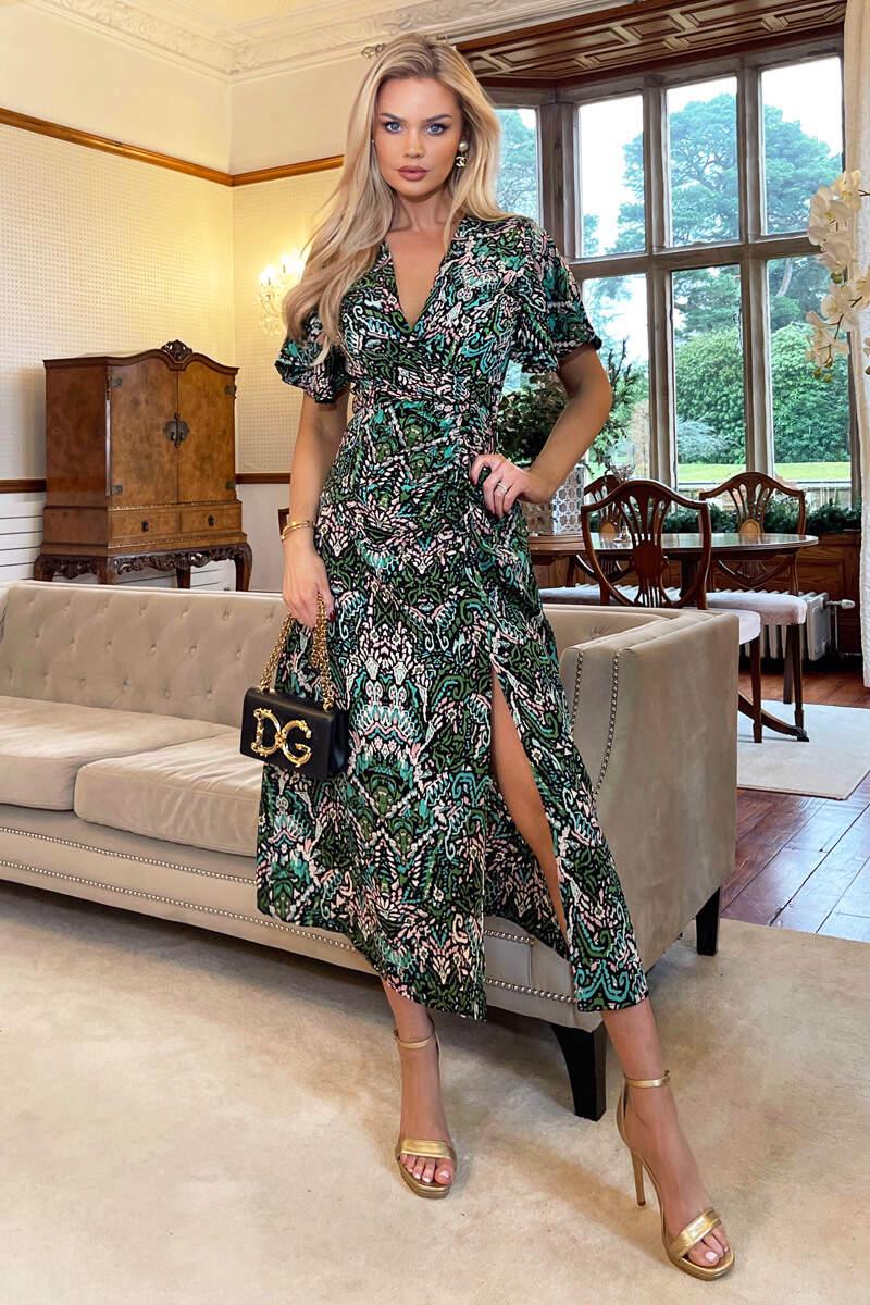 ax paris Green Printed V-Neck Split Skirt Midi Dress