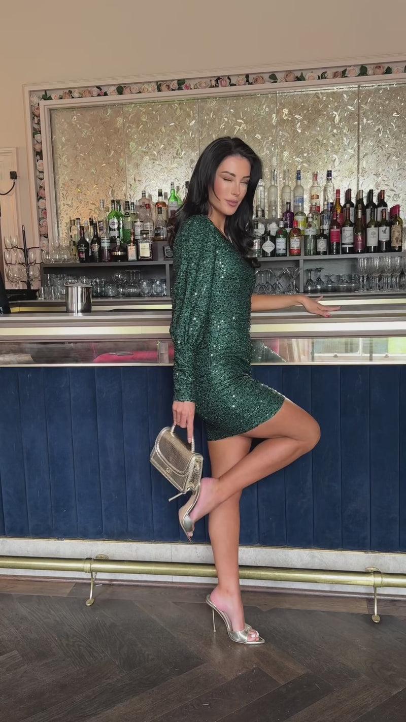 Ax Paris Green Sequin One Shoulder Long Sleeve Mini Dress