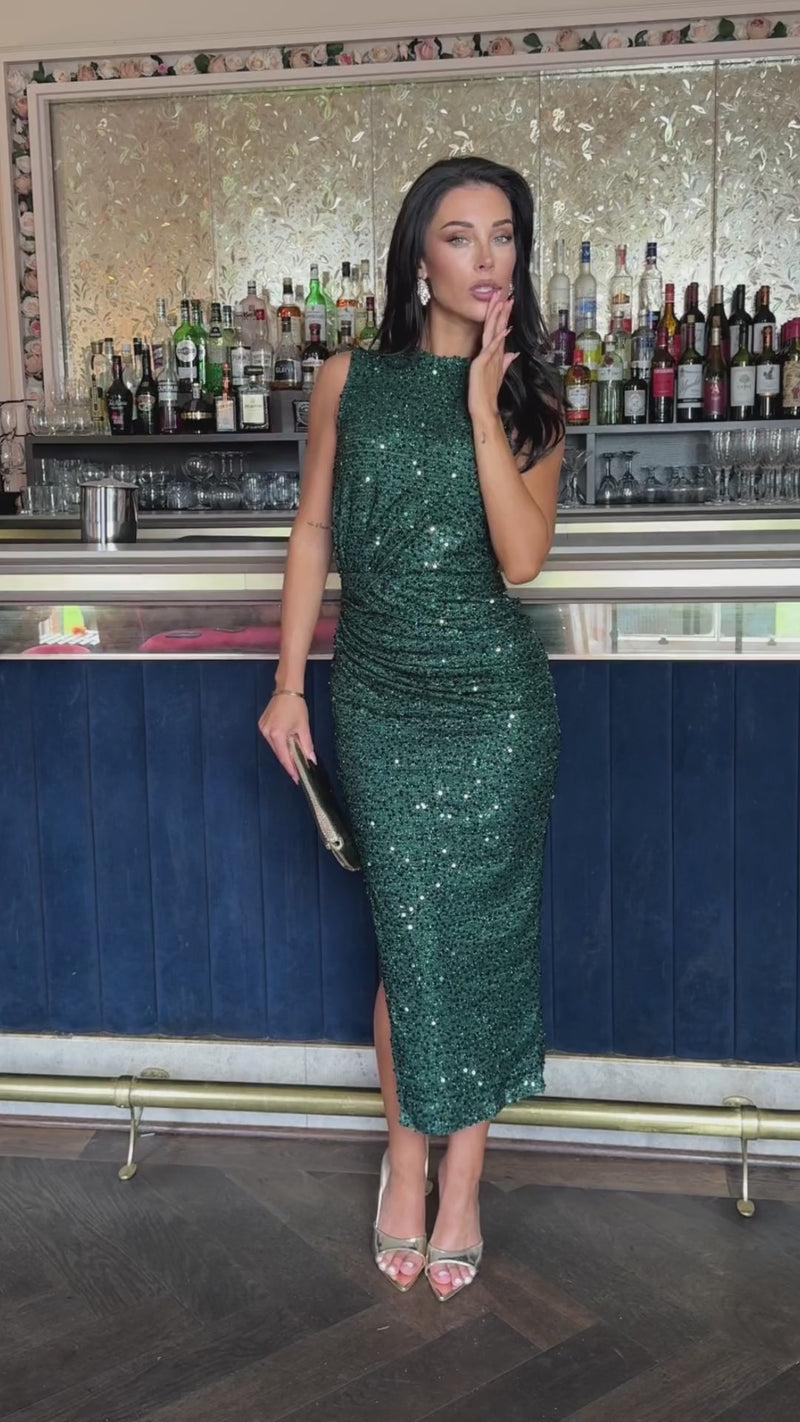 Ax Paris Green Sequin Ruched Side Split Leg Midi Dress