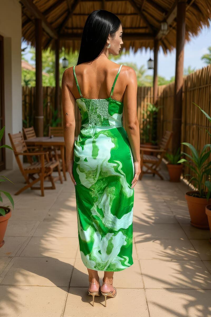 Ax Paris Green Tie Dye Print Ruched Side Strappy Midi Dress