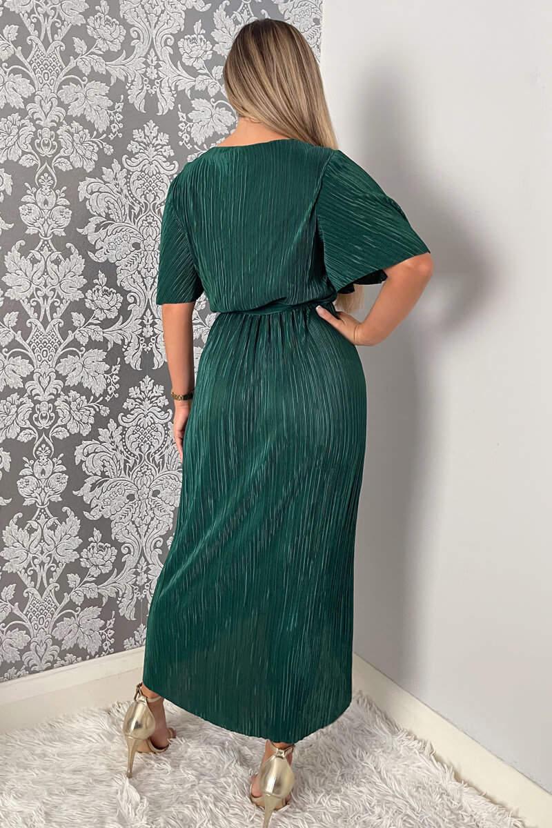 Ax Paris Green Wrap Top Belted Short Sleeve Plisse Midi Dress