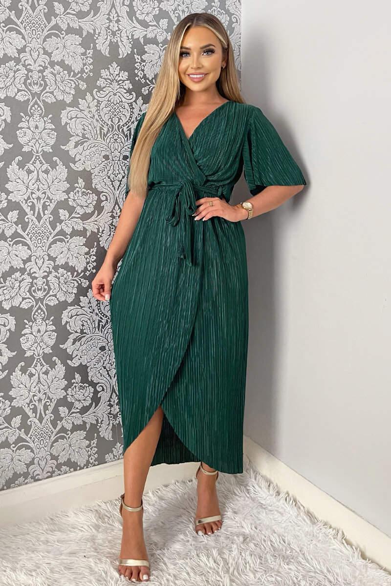 Ax Paris Green Wrap Top Belted Short Sleeve Plisse Midi Dress