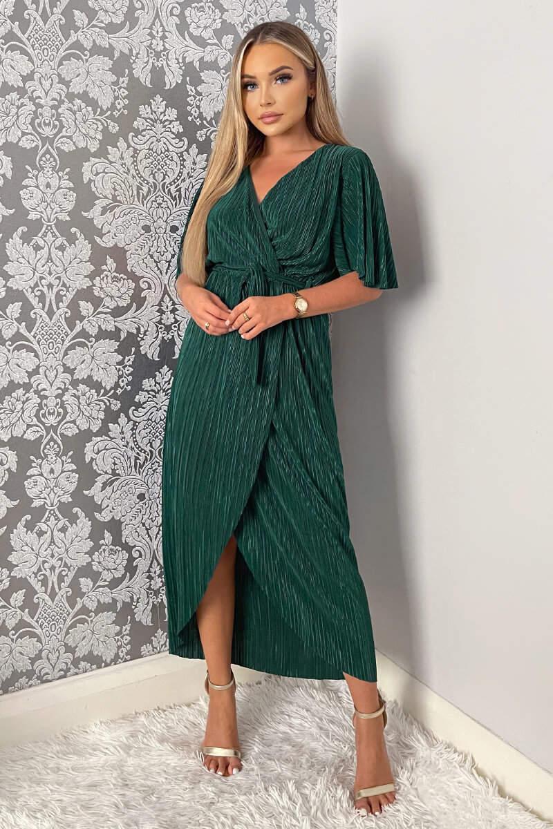 Ax Paris Green Wrap Top Belted Short Sleeve Plisse Midi Dress