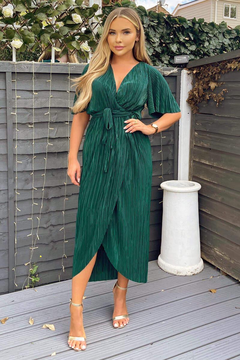 ax paris Green Wrap Top Belted Short Sleeve Plisse Midi Dress