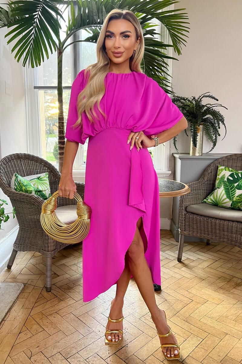 ax paris Hot Pink Batwing Top Wrap Skirt Midi Dress