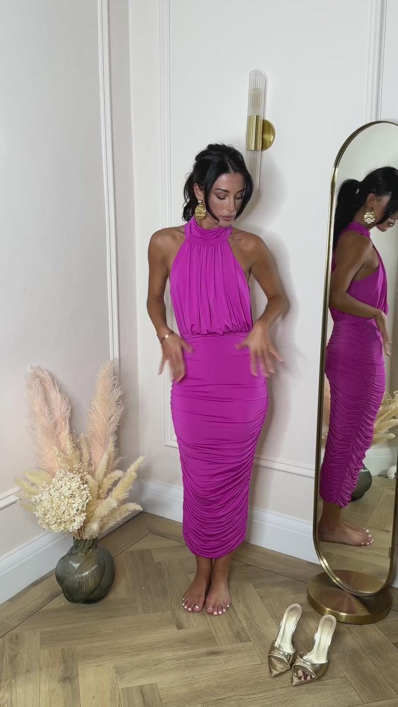 Ax Paris Hot Pink Halter Neck Ruched Bodycon Midi Dress