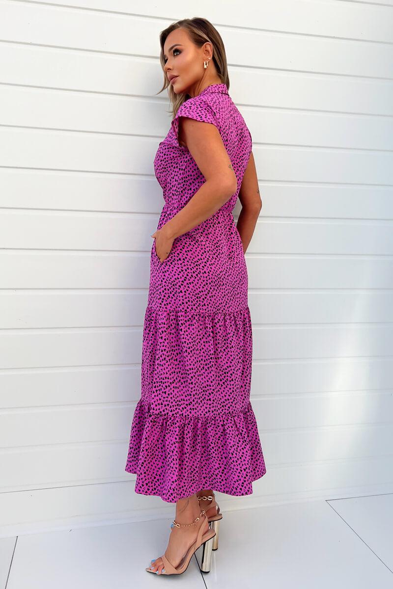 Ax Paris Hot Pink Heart Print Collared Smock Midi Dress