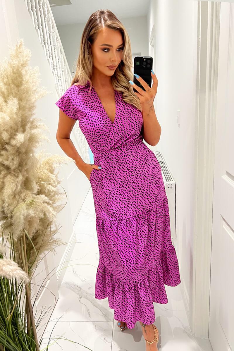 ax paris Hot Pink Heart Print Collared Smock Midi Dress