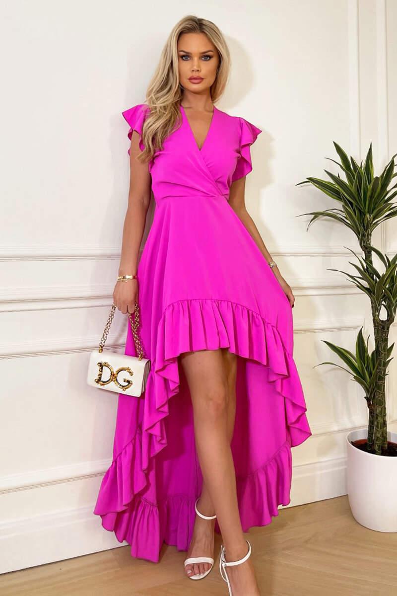 ax paris Hot Pink High Low Frill Hem V Neck Midi Dress