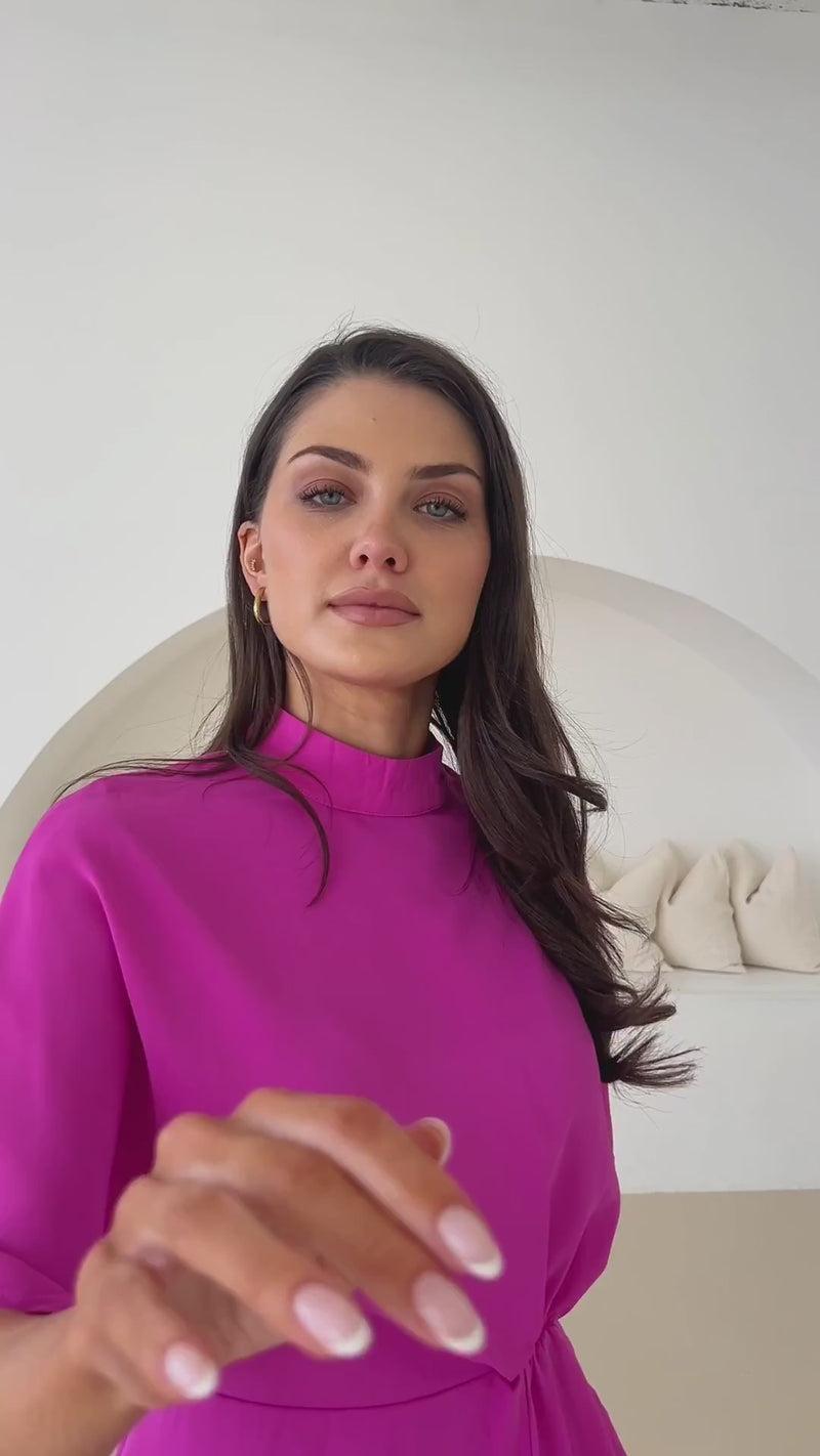 Ax Paris Hot Pink High Neck Gathered Waist Detail Shift Dress