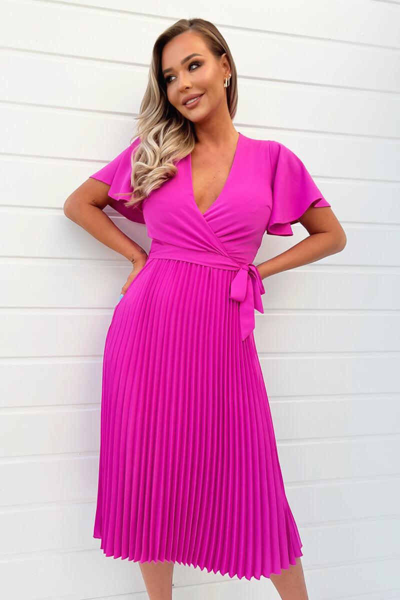 Ax Paris Hot Pink Pleated Midi Dress With Tie Waist