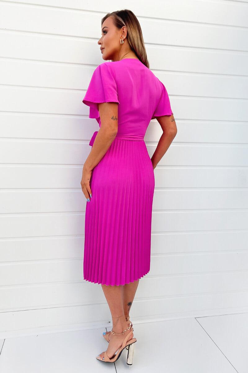Ax Paris Hot Pink Pleated Midi Dress With Tie Waist