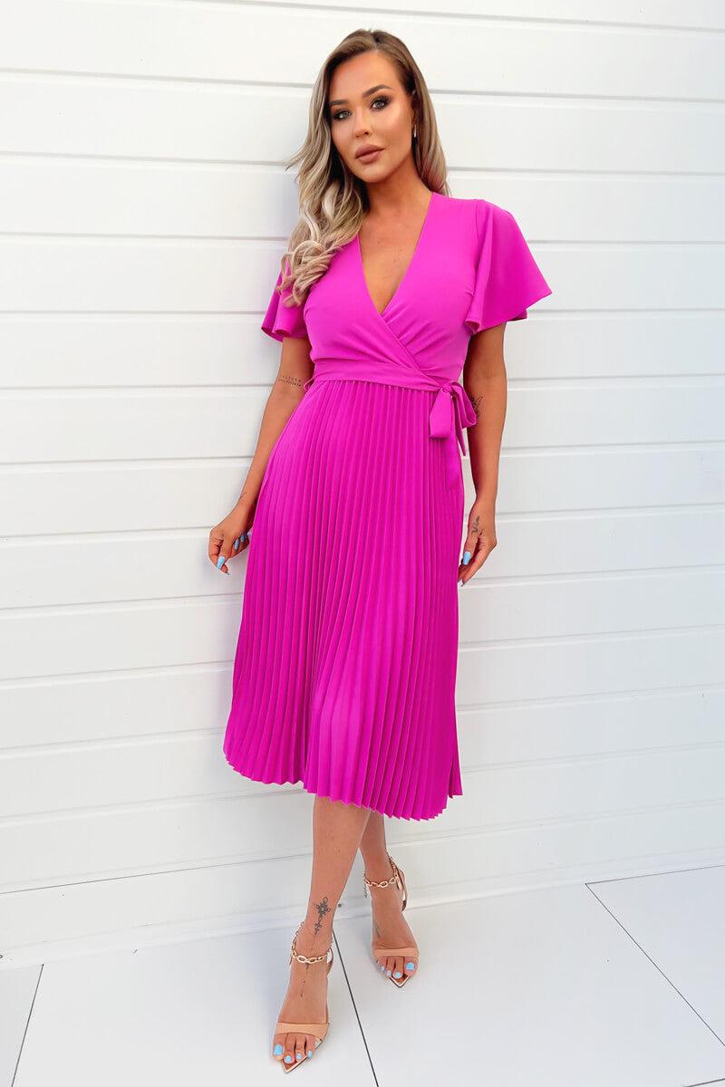 ax paris Hot Pink Pleated Midi Dress with Tie Waist