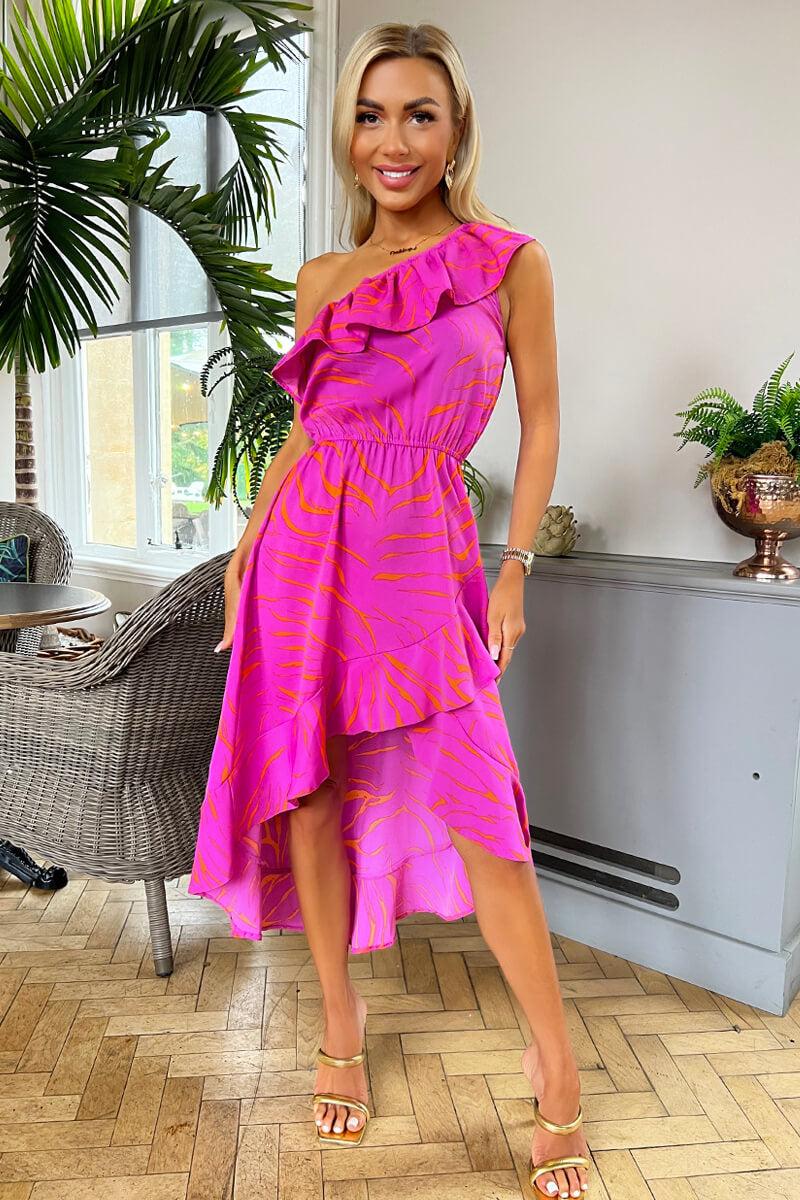 Ax Paris Hot Pink Printed One Shoulder Frill Detail Dipped Hem Dress