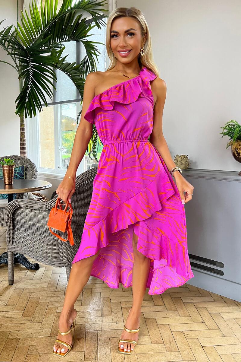 ax paris Hot Pink Printed One Shoulder Frill Detail Dipped Hem Dress