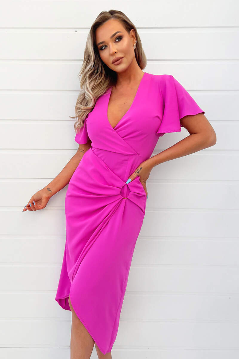 Ax Paris Hot Pink Short Sleeve V-Neck Buckle Wrap Midi Dress
