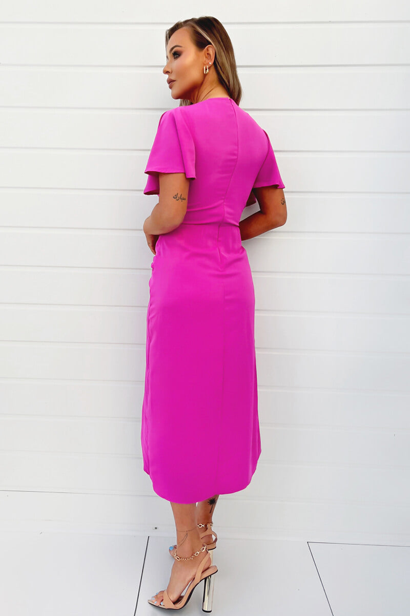 Ax Paris Hot Pink Short Sleeve V-Neck Buckle Wrap Midi Dress
