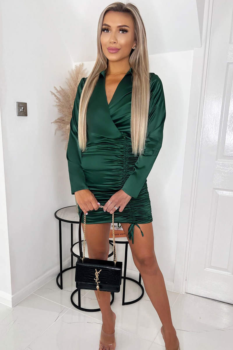 Ax Paris Jade Green Satin Long Sleeve Wrap Top Ruched Mini Dress