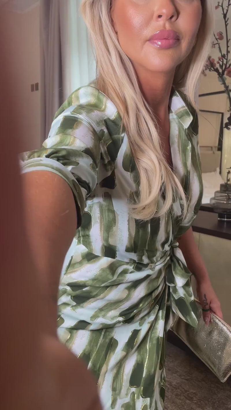 Ax Paris Khaki Brush Stroke Print 3/4 Sleeve Tie Waist Wrap Shirt Midi Dress