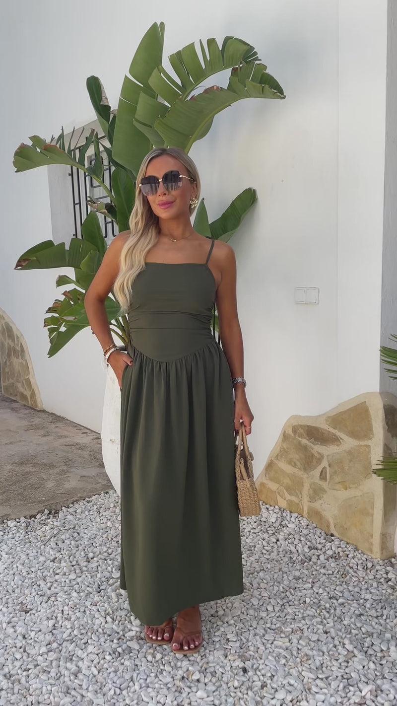 Ax Paris Khaki Drawstring Tie Straps Ruched Top Midi Dress