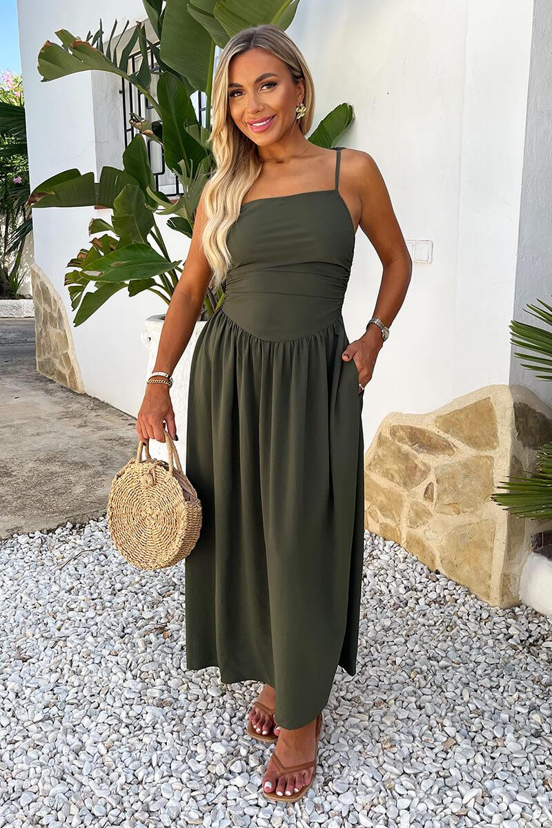 Ax Paris Khaki Drawstring Tie Straps Ruched Top Midi Dress